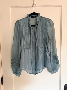 Lauren by Ralph Lauren Camisole & Lace Long Sleeve V Neck Blouse - Sage Green -S